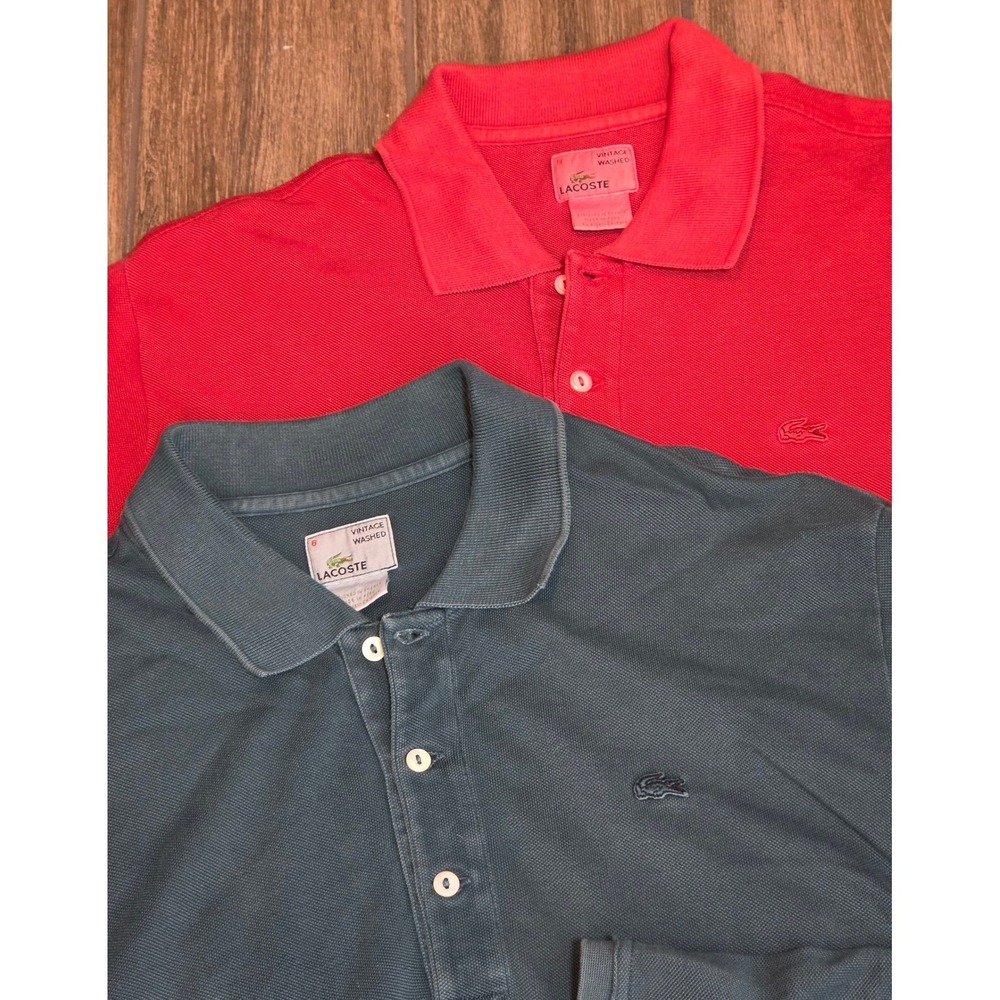 Lot of 2 Lacoste Vintage Washed Long Sleeve Polo Shirts Red Teal Green Mens 6 XL